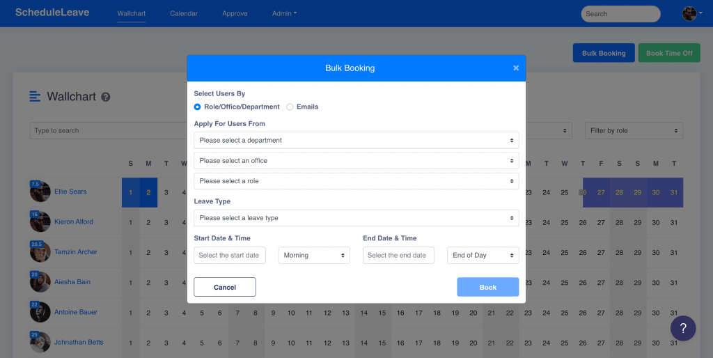 Staff leave bulk booking