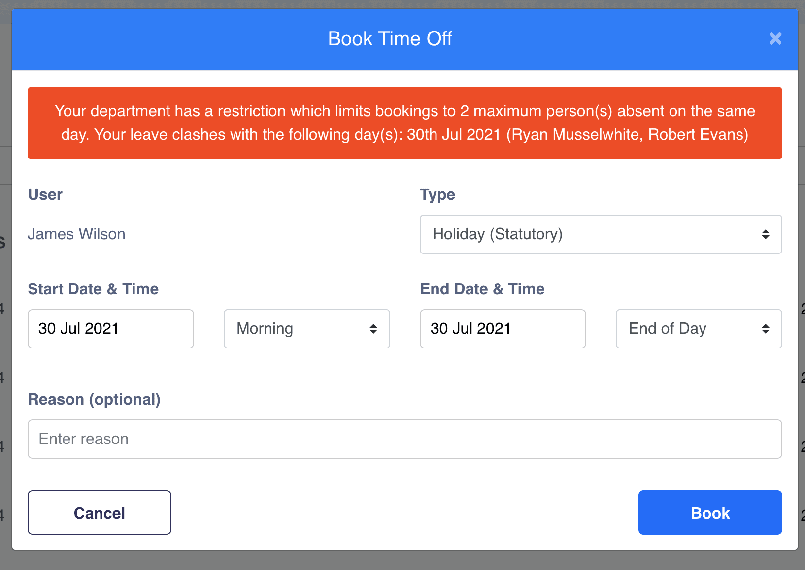 Booking clash