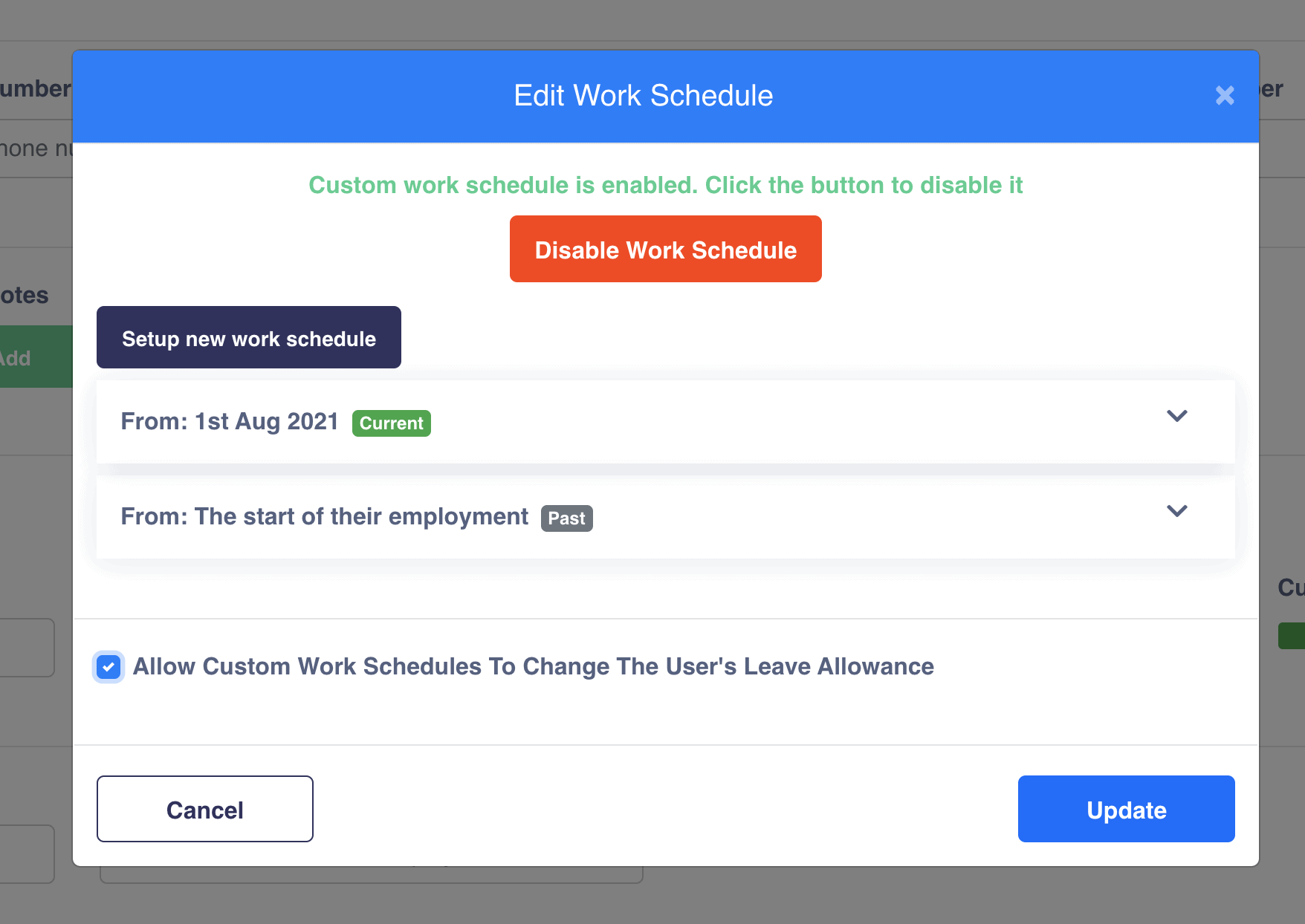 Custom work schedule