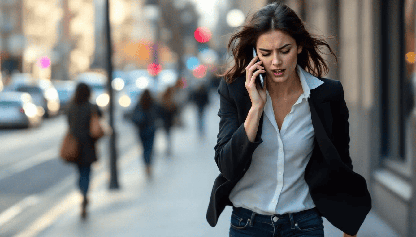 A person is urgently making a phone call while hurrying down a street, looking concerned as they prepare to deal with an emergency involving a family member. Their expression reflects the urgency of the situation, indicating they may need to take compassionate leave to address the matter.