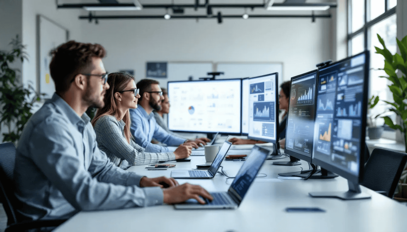 In a modern office setting, a diverse group of workers collaborates around computer screens displaying data analytics dashboards related to absence management and employee health. They engage in discussions about predicting sickness absence and analyzing absence patterns to improve operational efficiency and streamline workforce planning.