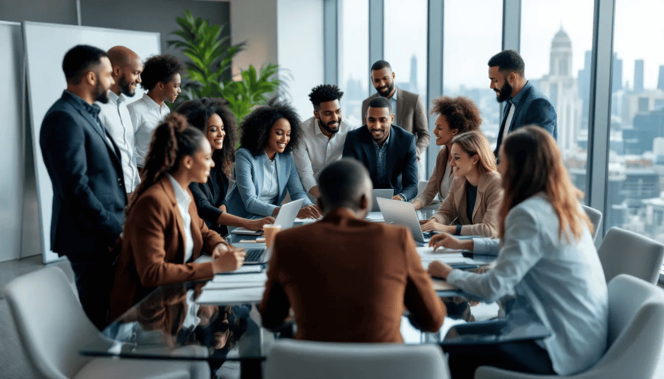 A diverse group of employees is gathered in a modern office, actively engaging in collaborative discussions, showcasing teamwork and employee engagement. The setting highlights the importance of effective absence management processes and the role of predictive analytics in enhancing operational efficiency and informed decision making.