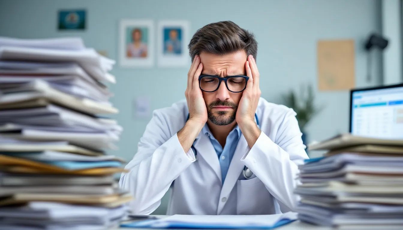 A healthcare professional appears stressed while reviewing patient charts, reflecting the challenges of managing employee wellbeing and addressing mental health issues in a demanding work environment. The scene highlights the importance of support services and effective absence management to reduce employee turnover and improve overall health.